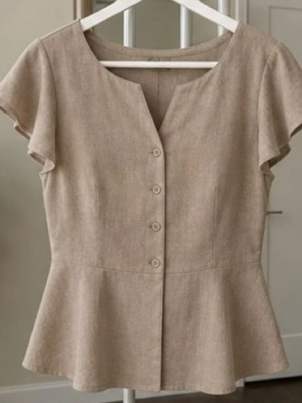Classic Beige Peplum Button-Front Women's Top